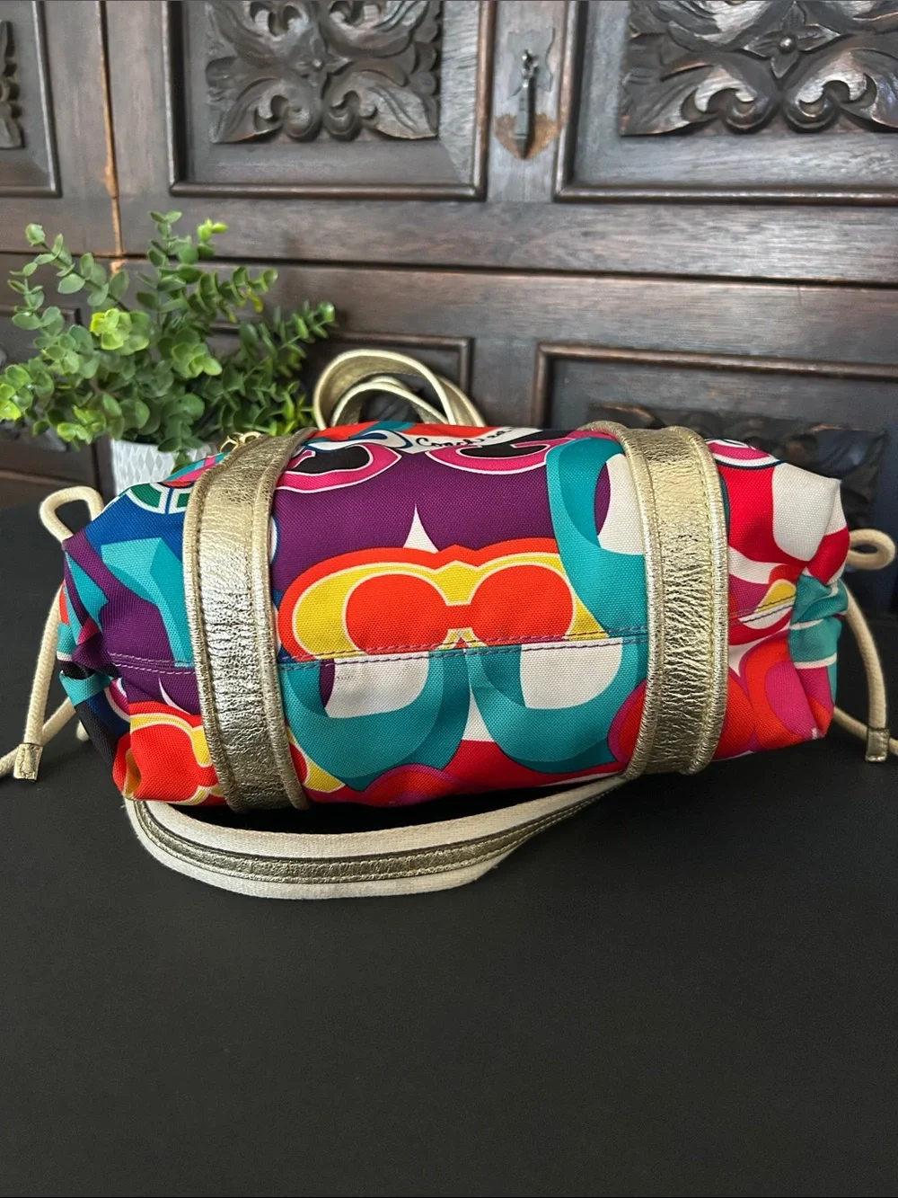 Coach Multicolor Signature Circle Tote with Gold Trim